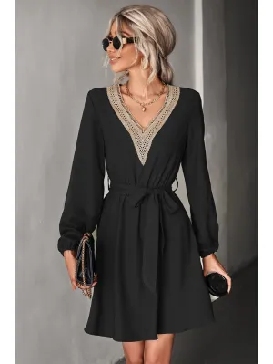 Elegant V-neck Casual Loose Solid Lace Long Sleeve Fashion Waist Belt Dresses