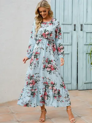 Floral Long Sleeve Maxi Long Sleeve Loose Crew Neck Casual Dresses For Spring Summer