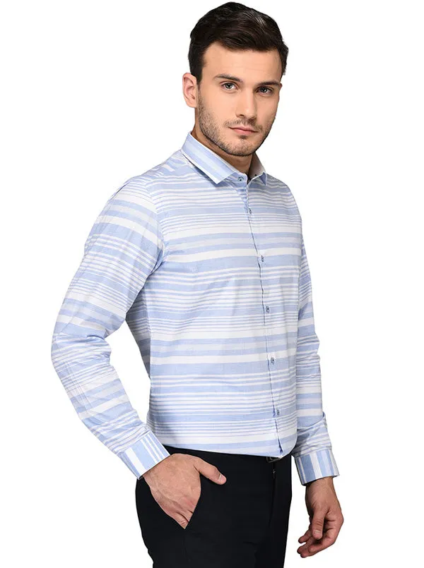 Greenfibre White & Blue Striped Slim Fit Formal Shirt