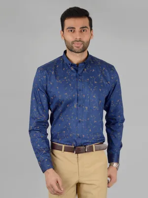 Navy Blue Printed Slim Fit Party Wear shirt | Greenfibre