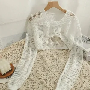 Summer Hollow Thin Long-sleeved Shirt Women's Round Neck Short Knitted Blouse