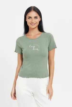 Women Green Floral Printed Ribbed T-Shirt